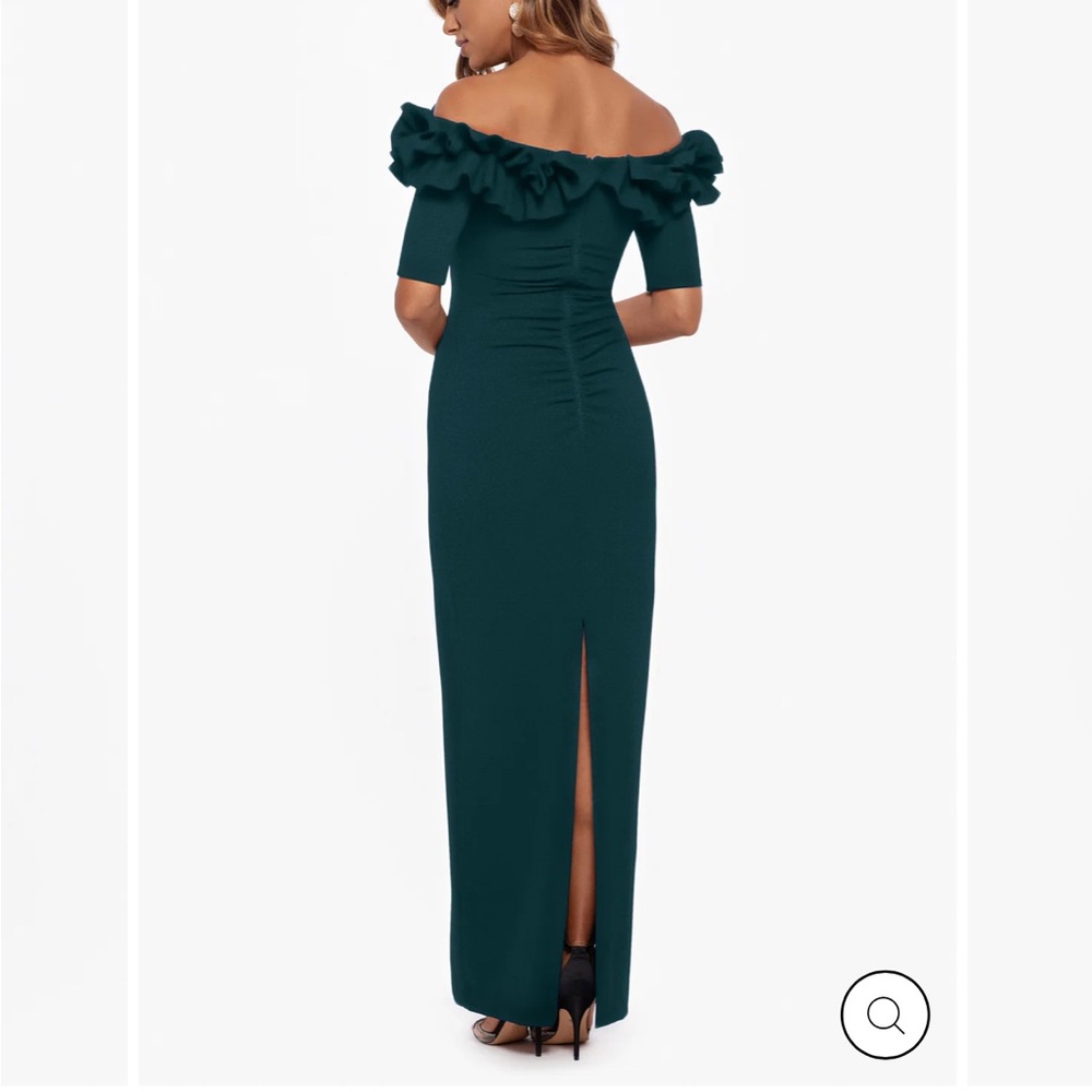 Xscape ISLA" LONG CREPE OFF THE SHOULDER RUFFLE DRESS NWT size 12 - Picture 2 of 4
